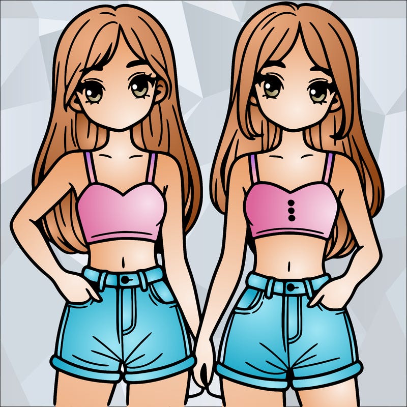 two sisters with crop tops and jean shorts and straight hair