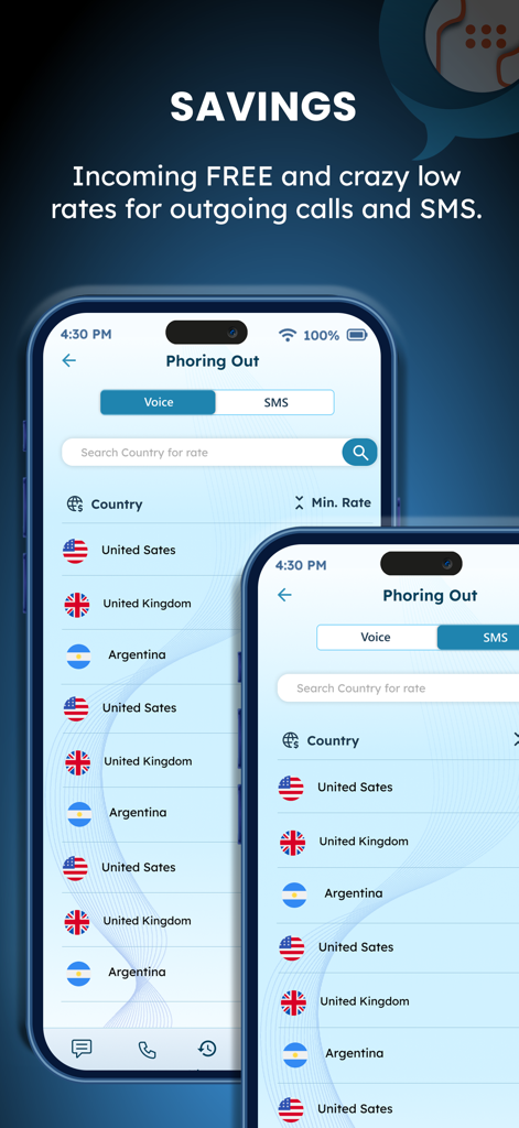 Phoring - Phoring app interface showing low rates for international calls and SMS to various countries.