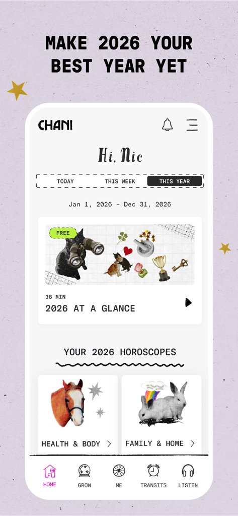 CHANI: Your Astrology Guide - CHANI占星術アプリのパーソナライズされた2026年星占いダッシュボード画面