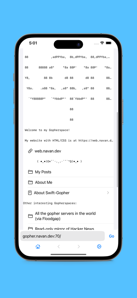 iGopherBrowser - Interface of iGopherBrowser app on iPhone showing a text based Gopher server menu