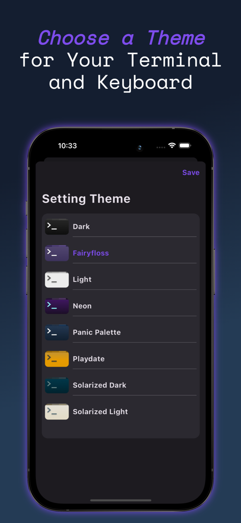 Termux - Selecting a terminal theme in the Termux app on iOS