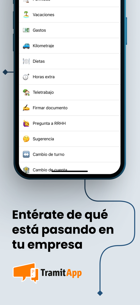 TramitApp Empleado - A mobile interface of TramitApp showing HR self-service options such as vacations, expenses, and document signing