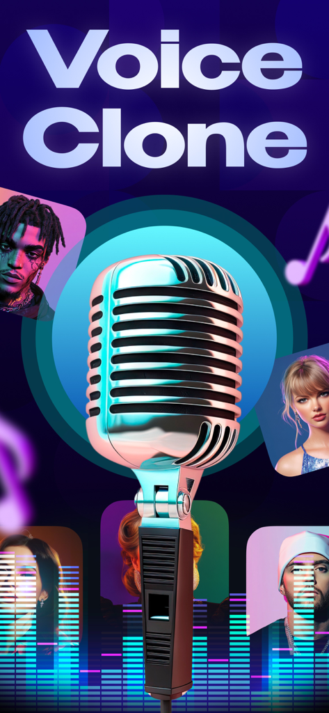 Voice Clone: Changer Song AI - Interfaz de la aplicación Voice Clone AI con un micrófono profesional y retratos de artistas para cambio de voz