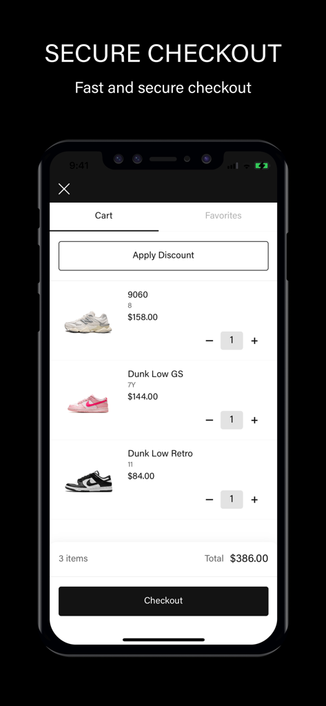 Stadium Goods mobile app shopping cart showing sneakers and a secure checkout button