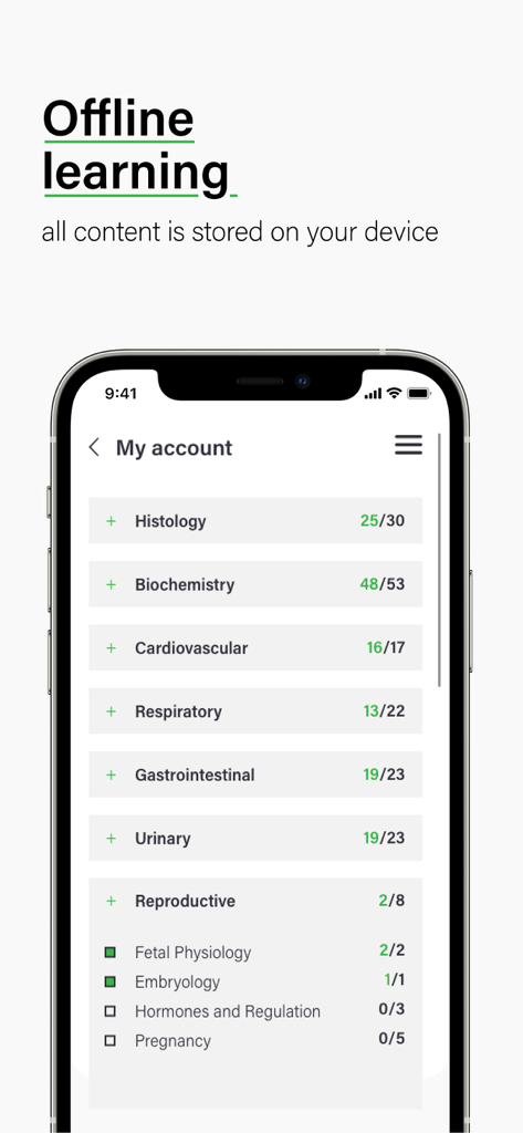 Mobile interface of TeachMe Physiology app showing offline learning and study progress for various human body systems.
