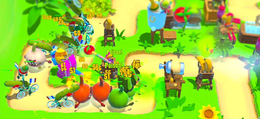 Fruits vs Vegetables - Gameplay screenshot of Fruits vs Vegetables showing fruit towers defending against waves of vegetable enemies on a green path.