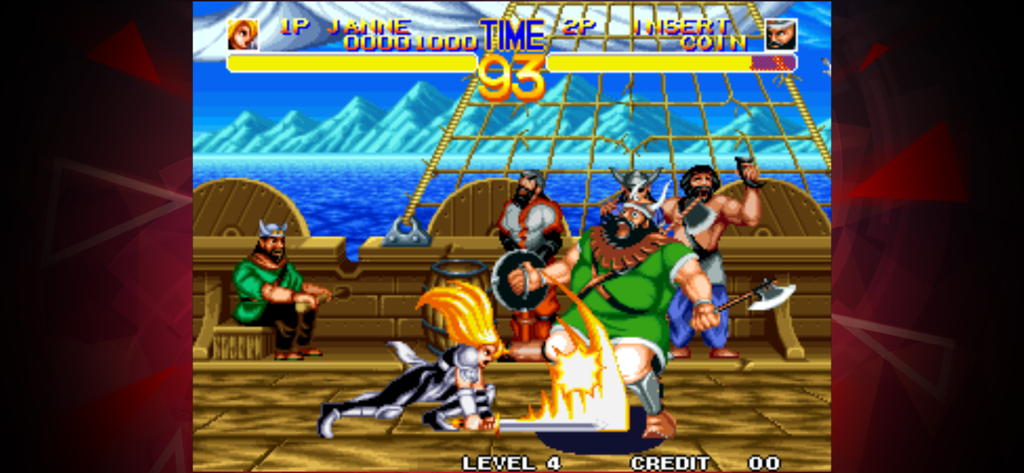 WORLD HEROES 2 ACA NEOGEO - Screenshot di gioco di World Heroes 2 che mostra un combattimento tra i personaggi Jeanne ed Erik su uno scenario di nave vichinga