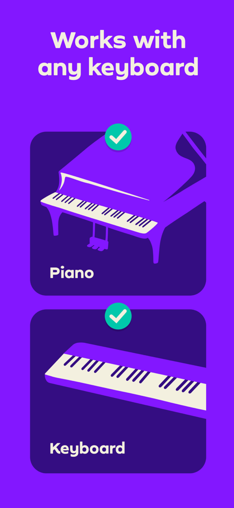Graphic showing Simply Piano app works with both acoustic pianos and electronic keyboards