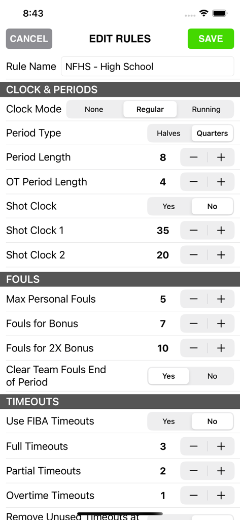 Basketball Scorebook+ - Interface of the Basketball Scorebook plus app showing the game rules configuration screen for high school basketball
