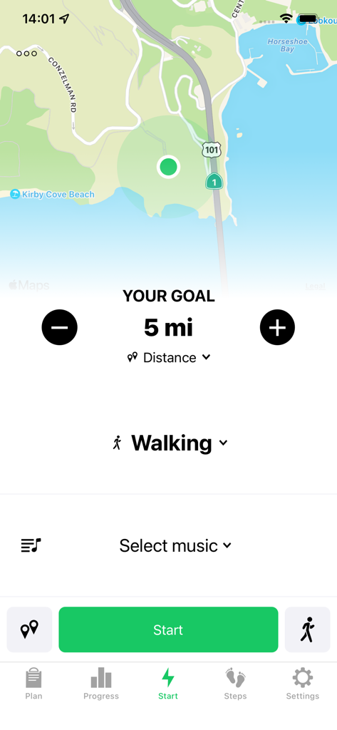 Walking workout setup screen showing a five mile distance goal on a map interface