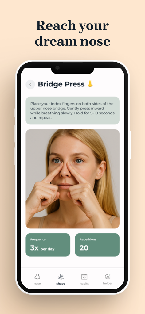 Nose Glow Up: AI Face Yoga - Uma mulher demonstrando o exercício de yoga facial para o nariz 'bridge press' no aplicativo