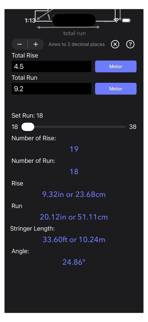 Stair Calculator Plus app showing rise run stringer length and stair angle results