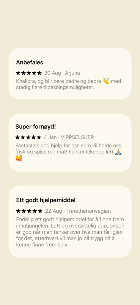 Three positive five star user reviews for the Frifor food scanner app