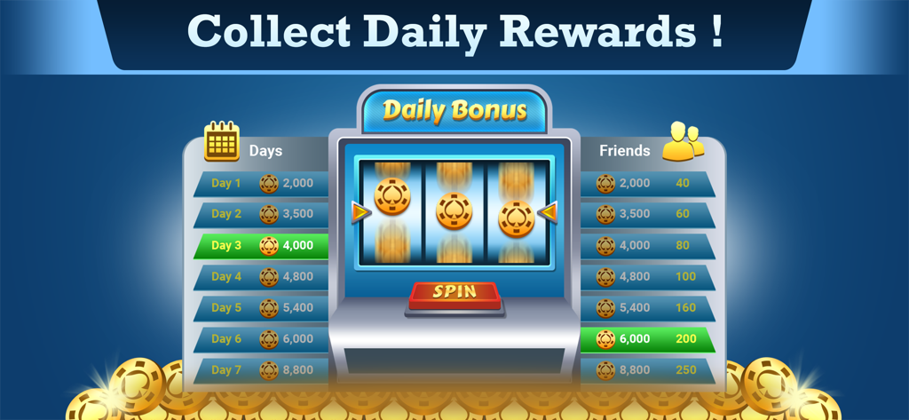 Spades King: Classic Card Game - Daily bonus screen in Spades King card game featuring a slot machine and login rewards
