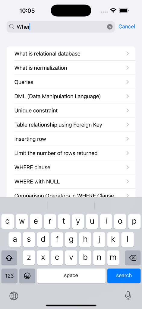 Search screen of the SQL Programming Pro app showing a list of database and SQL tutorial topics.