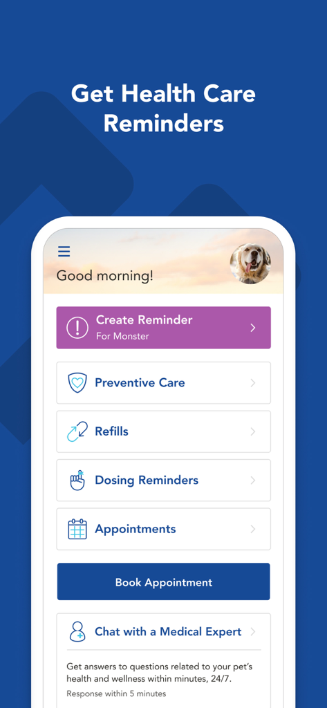 Dashboard dell'app myVCA per i promemoria sulla salute degli animali e gli appuntamenti veterinari