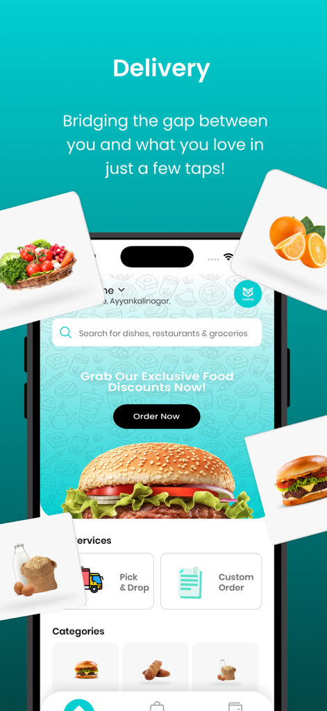 Famto:Food, Delivery, Shopping - Famto mobile app home screen showing food delivery and grocery shopping categories