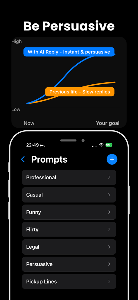 Ai Rizz Plug Reply - AI Rizz Plug Reply app screen showing response prompt categories and a graph comparing AI reply efficiency