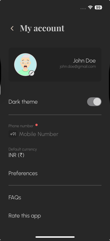 Splitz: Track & Split Expenses - Página de configuración de cuenta del rastreador de gastos Splitz que muestra el perfil del usuario y las preferencias en modo oscuro.