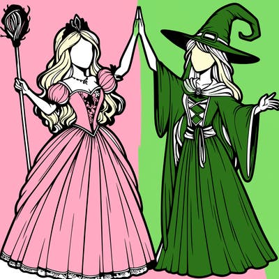 detailed realistic split of a princess and a witch