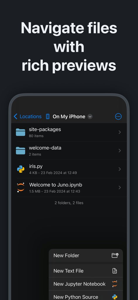 Juno – Python and Jupyter - Administrador de archivos de la aplicación Juno que muestra scripts Python y notebooks de Jupyter en iPhone.