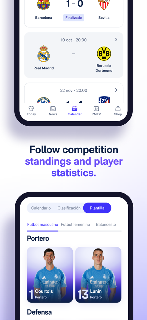 Real Madrid - Interface de l'application Real Madrid montrant les résultats des matchs, le calendrier et les statistiques de l'effectif.