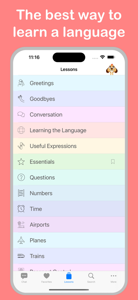 Learn French Plus app screen showing a list of practical lesson categories like greetings conversation and travel