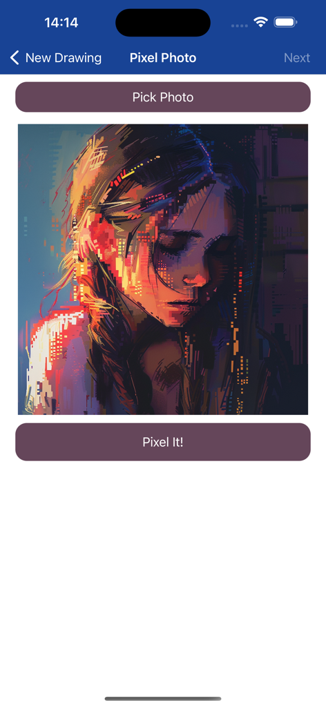 Pixel Art - 8 Bit Painter - Bildschirm, der die Funktion zum Hochladen und Konvertieren eines Fotos in Pixelkunst zeigt