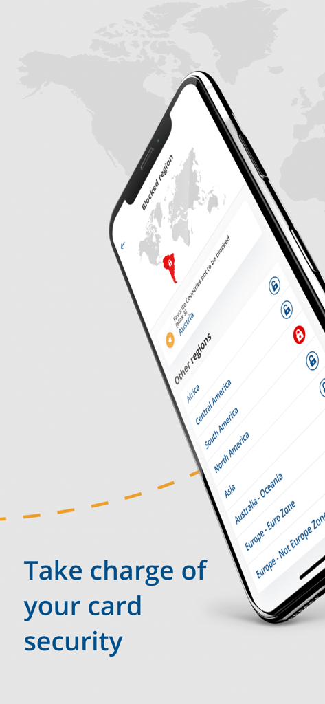 Smartphone display showing card security settings to block transactions by geographical region in the complete Control app