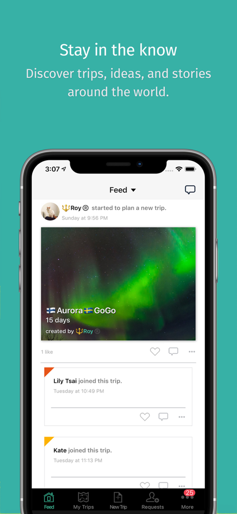 A smartphone showing the TripHugger social feed with a travel post about an Aurora trip and notifications of friends joining the plan.