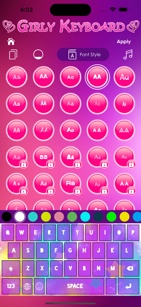 Cute Girly Keyboard Themes - Interface of the Girly Keyboard app showing various font style selections and a colorful galaxy themed keyboard preview