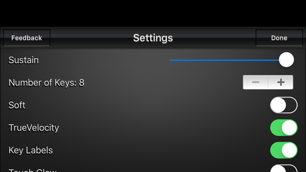 Pantalla de configuración de Virtuoso Piano Free 3 mostrando opciones de personalización para sustain, número de teclas y TrueVelocity.