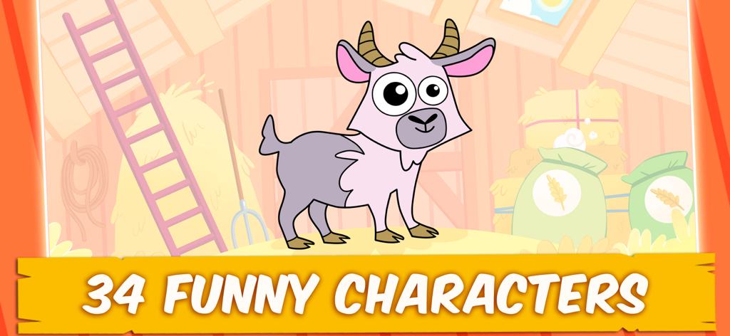 Farm:Animals Games for Kids 2+ - Cartoon goat in a barn representing one of the thirty four funny characters available in the game