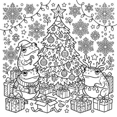 Dive into the festive fun with this delightful coloring page featuring adorable spadefoot toads celebrating Christmas. Surrounded by a beautifully decorated tree and piles of presents, this scene is bursting with holiday cheer.