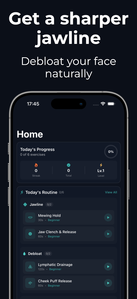 Jawliner: Debloat & Sculpt Jaw - Interfaz de la aplicación Jawliner mostrando rutinas diarias para mewing y desinflamación facial.