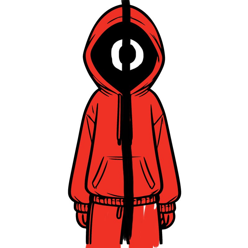 faceless girl in a tracksuit with a hood on and no hair