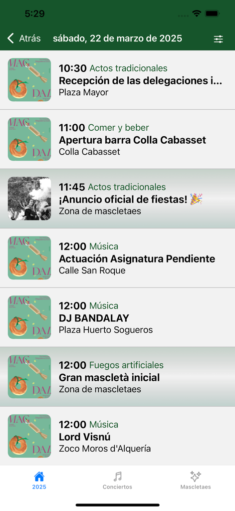 Magdalena 2026 - A mobile app screen showing a chronological list of festival events including traditional acts music and fireworks for the Fiestas de la Magdalena
