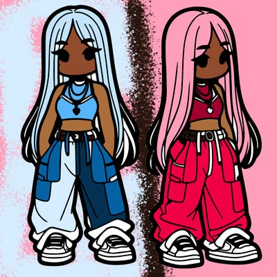 girl in baggy pants crop top and long hair