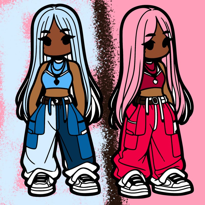 girl in baggy pants crop top and long hair