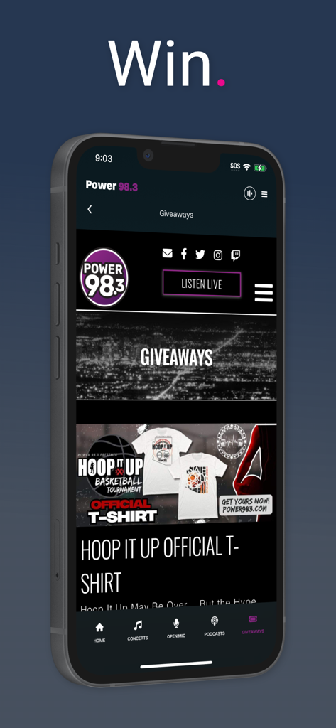 Power 98.3 & 96.1 - Interface do aplicativo móvel Power 98.3 e 96.1 mostrando a seção de sorteios com um concurso de camisetas de torneio de basquete