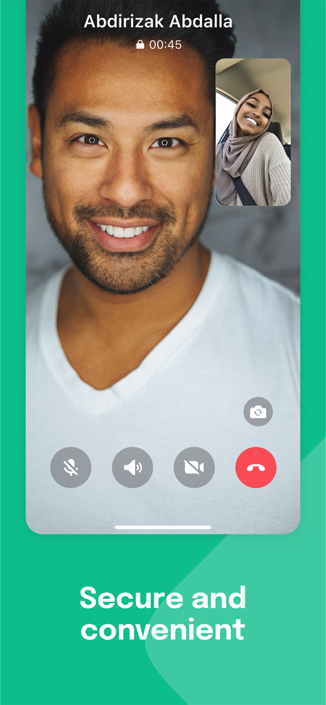 WAAFI APP - A man and a woman in a hijab having a video call on the WAAFI app with a secure and convenient interface