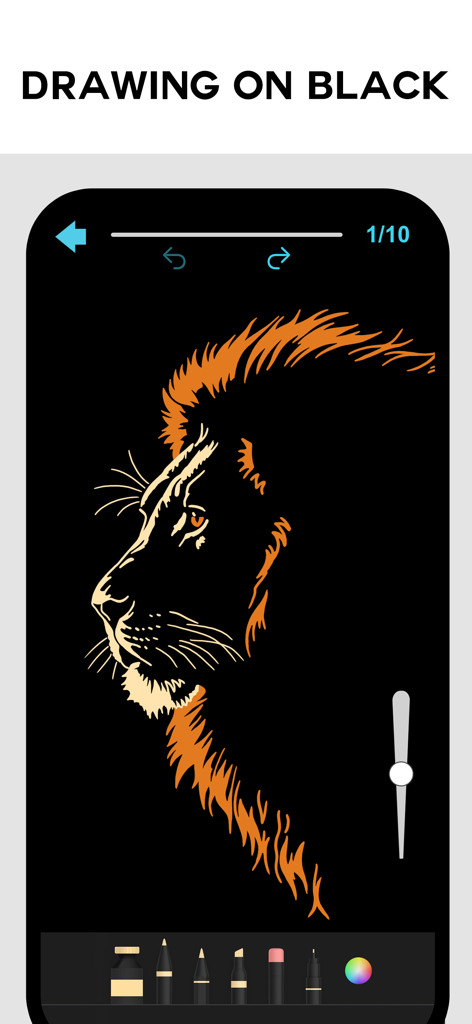 DrawingVibe: Learn how to draw - A step by step tutorial for drawing a lion head on a black background in the DrawingVibe app