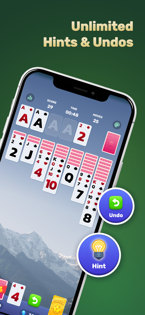 Solitaire Dream Manor：Renovate - Solitaire gameplay on a smartphone featuring unlimited hints and undo buttons.