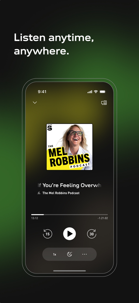 radio.net - AM FM Radio Tuner - Smartphone screen showing the radio.net app playing The Mel Robbins Podcast with playback controls and a sleep timer.