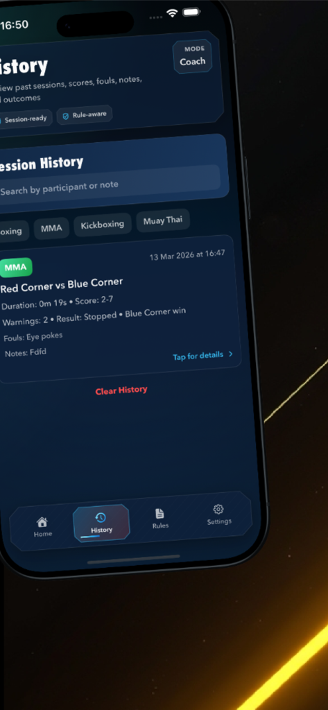The session history screen of the How to KO app showing details of a recorded MMA fight