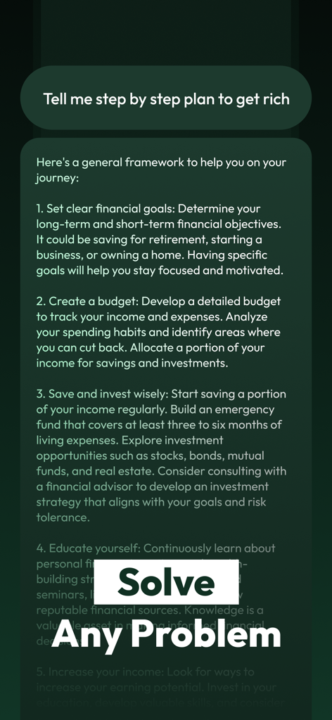 Aloy: Chat AI Assistant Helper - Aloy AI assistant providing a step by step financial plan on a smartphone screen