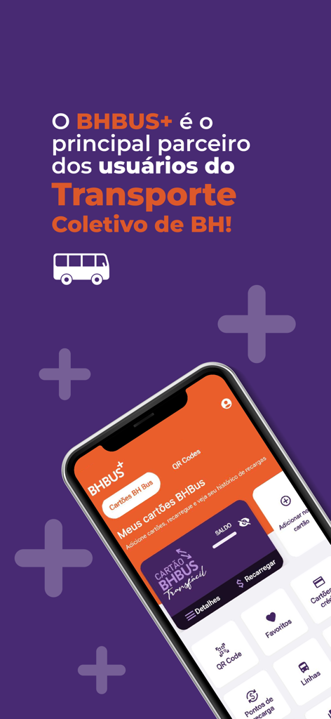 BHBUS+ - Interfaz de la aplicación móvil BHBUS plus mostrando gestión de tarjeta de transporte y funciones de transporte público para Belo Horizonte