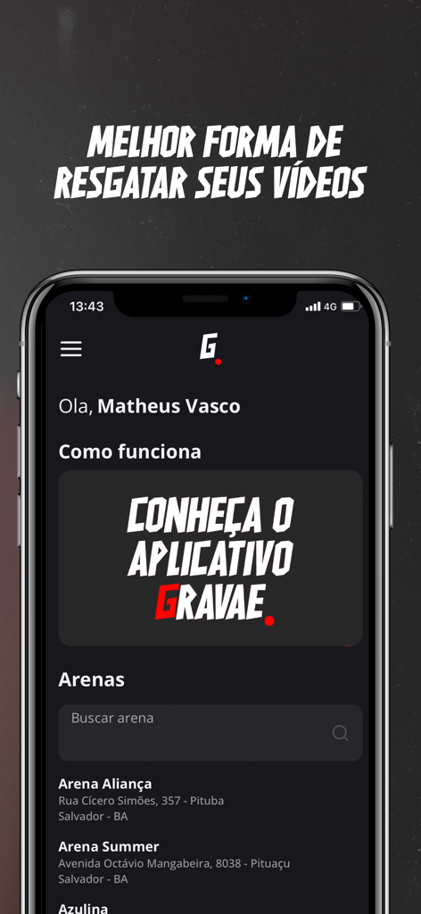 Gravae - Gravaeアプリのホーム画面。スポーツアリーナのリストとチュートリアルビデオバナーが表示されています。