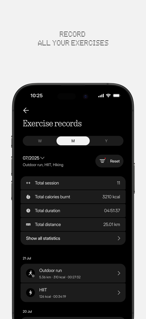 Nothing X - Nothing X app exercise records interface showing monthly fitness activity and health statistics in a minimalist dark mode design