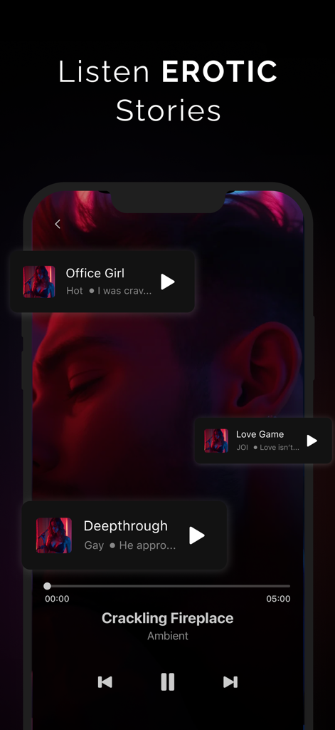 Bang: Erotic Sex Stories App - Interface of the Bang erotic sex stories app showing audio player and story categories